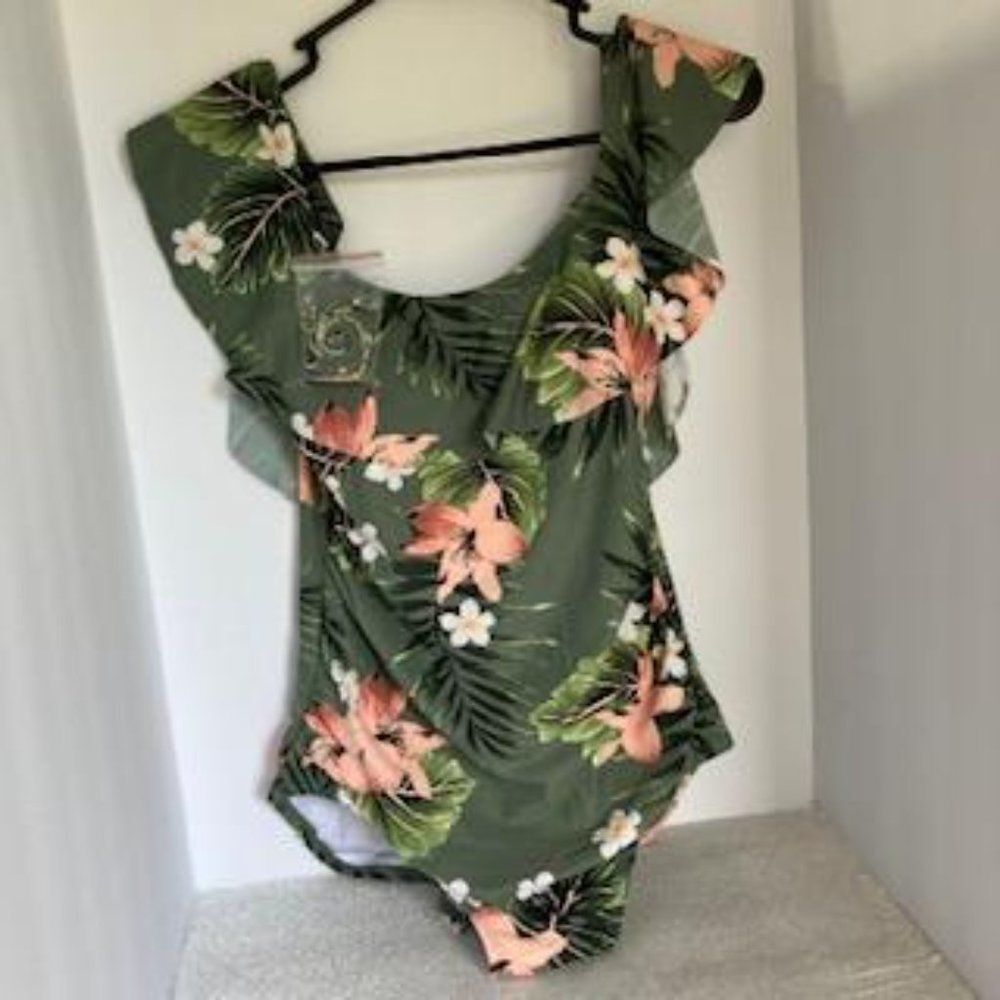 Kona Sol Swimsuit Hawaiian Ruffled Floral Layered Padded Adj Straps Size M 8-10